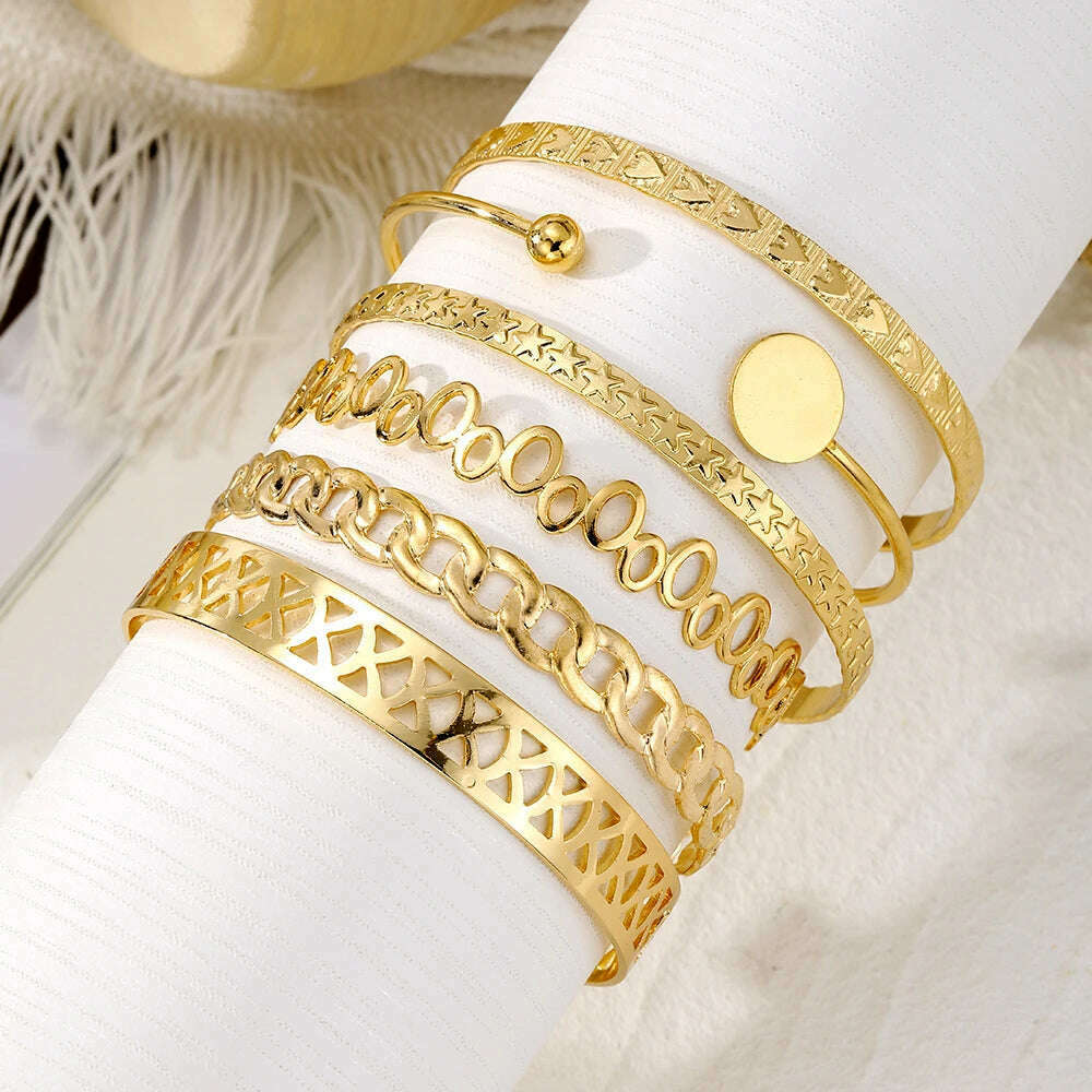 IPARAM New Elegant Letter Love Bangle Gold Color Heart Flower Hollow Opening Bracelets Set Female Trendy Jewelry - KIMLUD