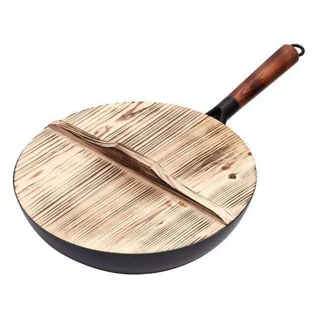 KIMLUD, Iron Wok High Quality Traditional Cookware Iron Wok Non-stick Pan Non-coating Pan Kitchen Cookware, Wok with wood lid, KIMLUD APPAREL - Womens Clothes