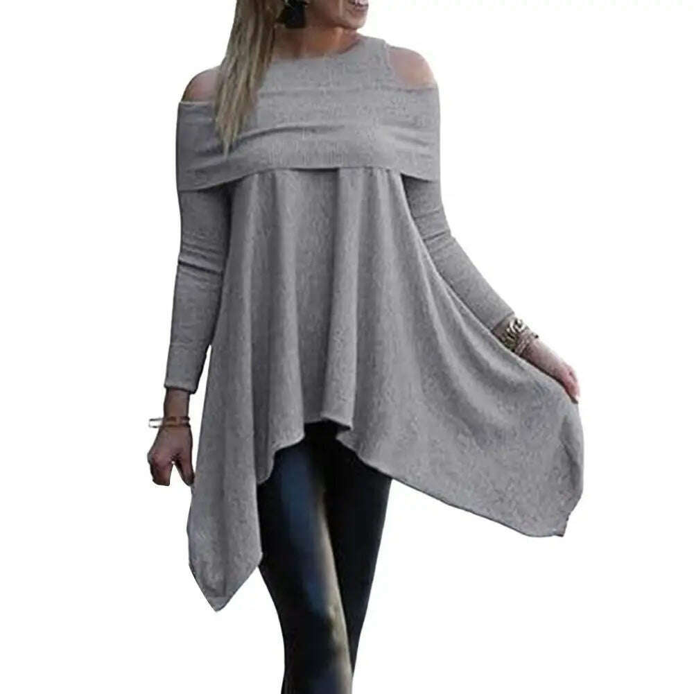 KIMLUD, Irregular Womens Tops And Blouses Casual O Neck Long Sleeve Top Female Tunic 2021 Autumn Plus Size Women Blusas Shirts, Grey / S, KIMLUD APPAREL - Womens Clothes