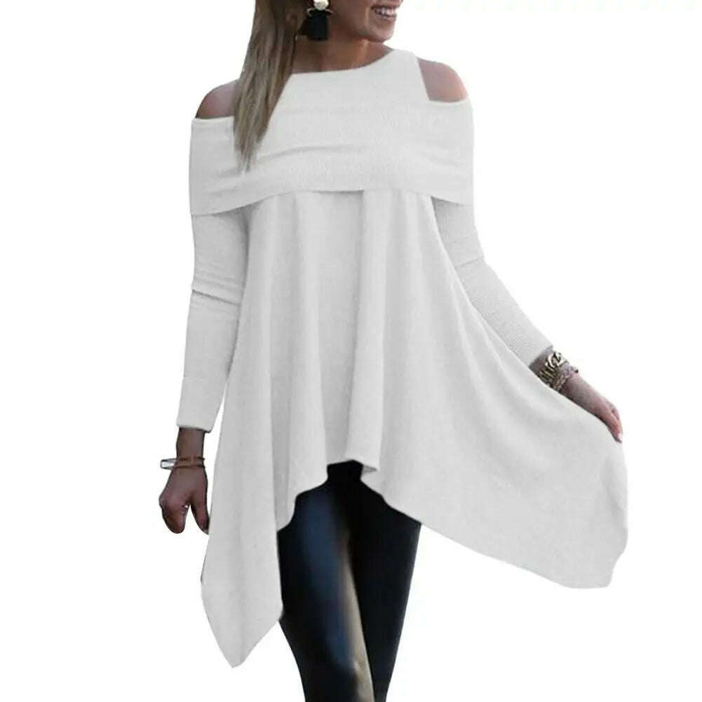 KIMLUD, Irregular Womens Tops And Blouses Casual O Neck Long Sleeve Top Female Tunic 2021 Autumn Plus Size Women Blusas Shirts, WHITE / S, KIMLUD APPAREL - Womens Clothes