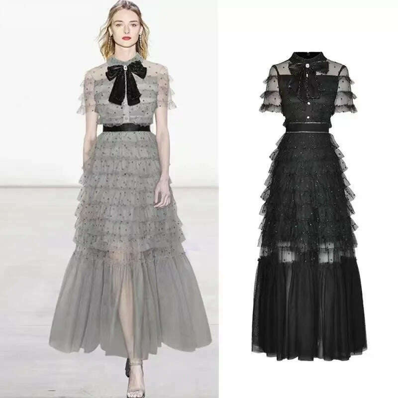 JAMERARY Runway Designer Fashion Mesh Tulle Polka Dots Cake Dress Women Short Sleeve Midi Long Party Evening Prom Vestidos Bow - KIMLUD