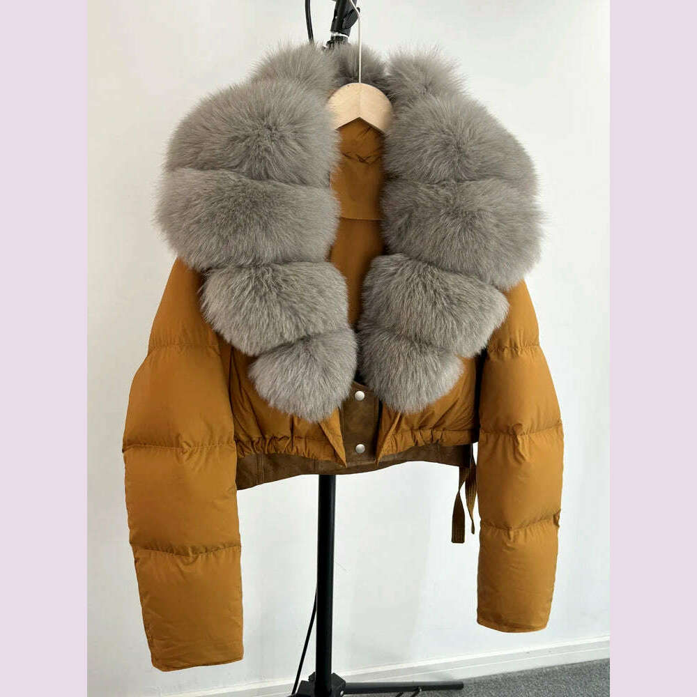 KIMLUD, Janveny Fashion Short Puffer Coat Women Luxury Super Big Real Fox Fur 90% White Duck Down Jacket Winter Female Feather Parkas, KIMLUD Womens Clothes