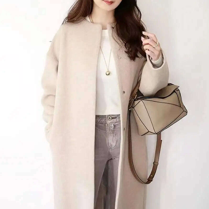 KIMLUD, Japanese Korean OVercoat 2021 Winter  Fashion Light Nature Wind Loose Mid-length Patchwork Pocket  Office Lady Elegant Thin Coat, Apricot color / One Size, KIMLUD APPAREL - Womens Clothes