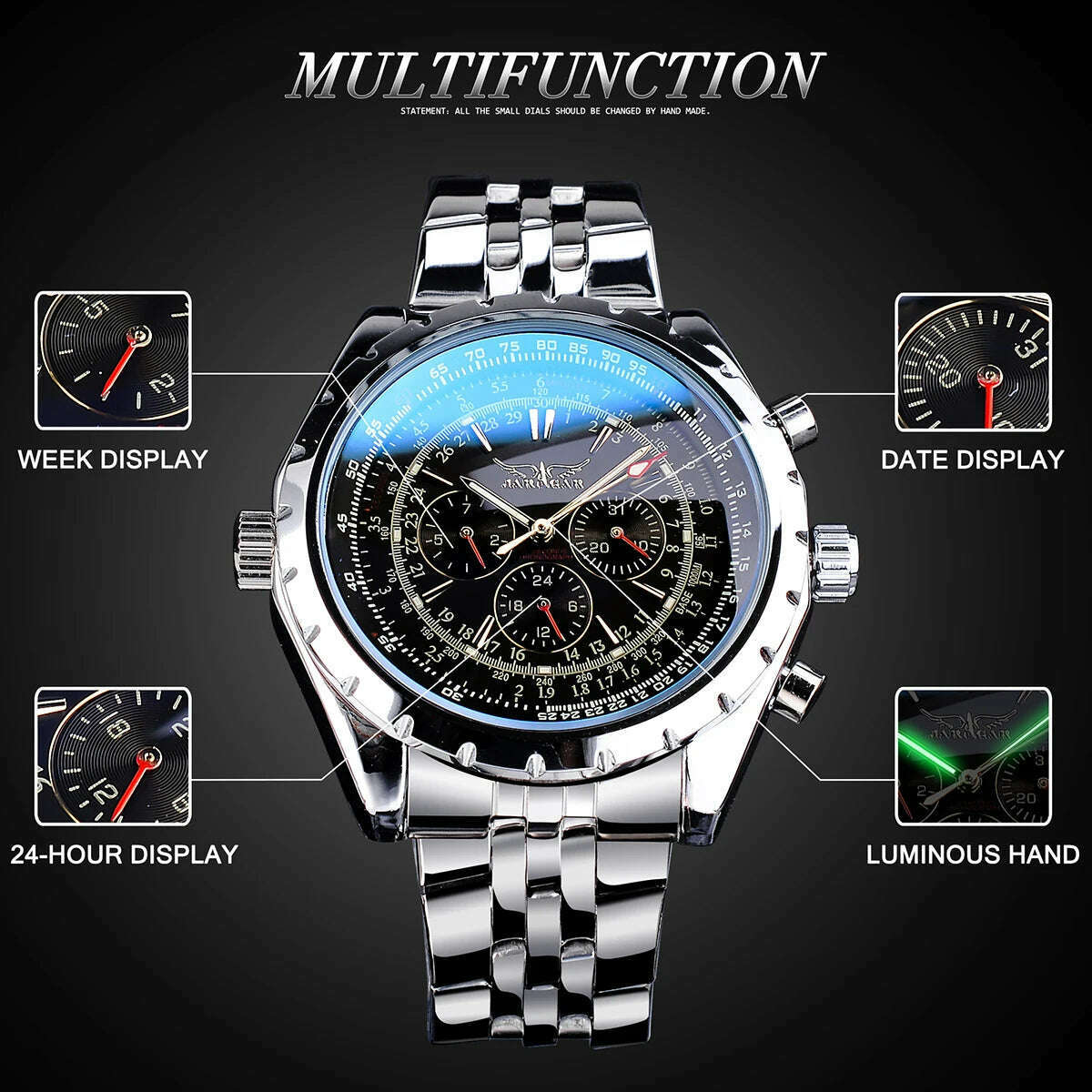 Jaragar Blue Glass Design Black Silver Automatic Watch Stainless Steel Date Clock Luminous Men Business Mechanical Wristwatch - KIMLUD