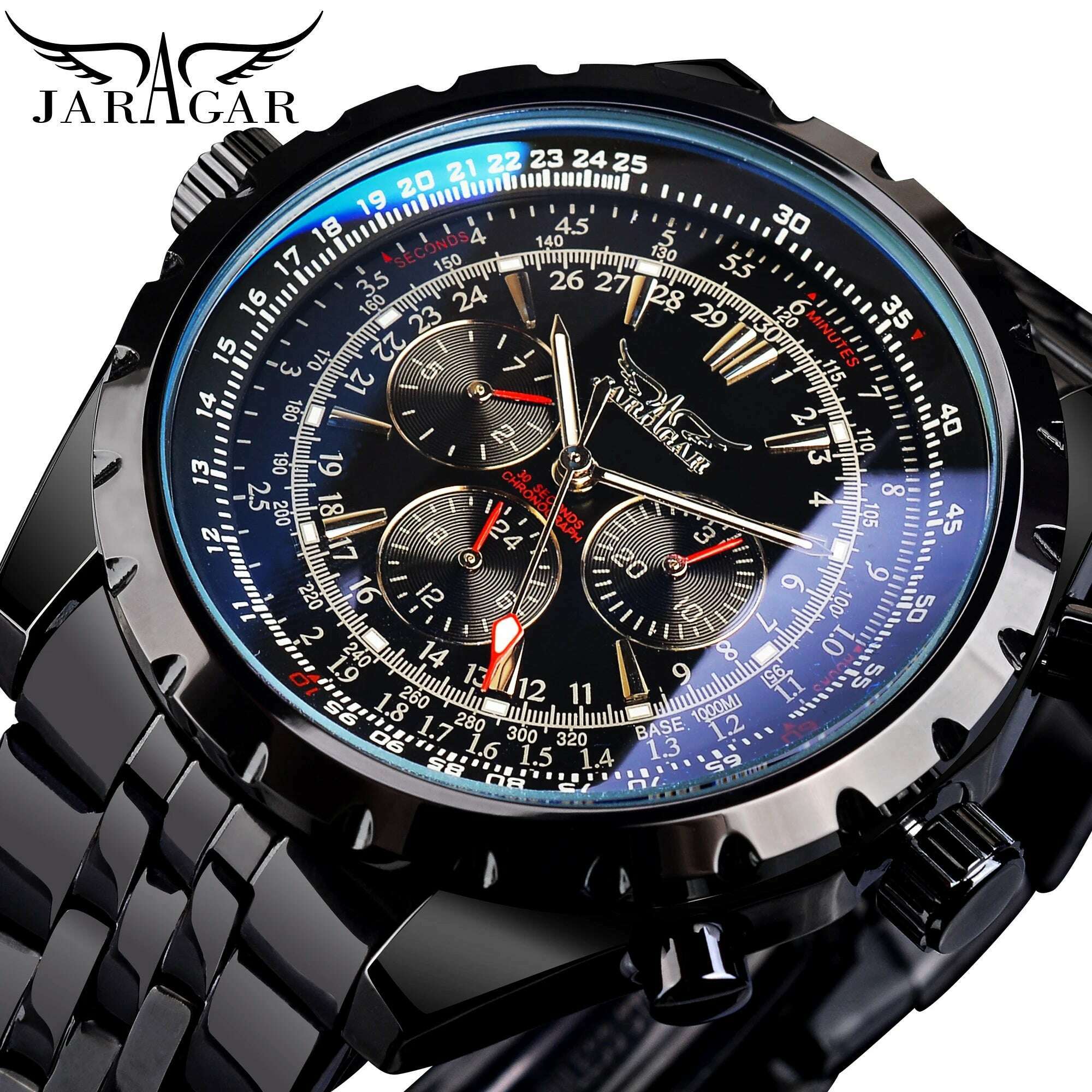 Jaragar Blue Glass Design Black Silver Automatic Watch Stainless Steel Date Clock Luminous Men Business Mechanical Wristwatch - KIMLUD