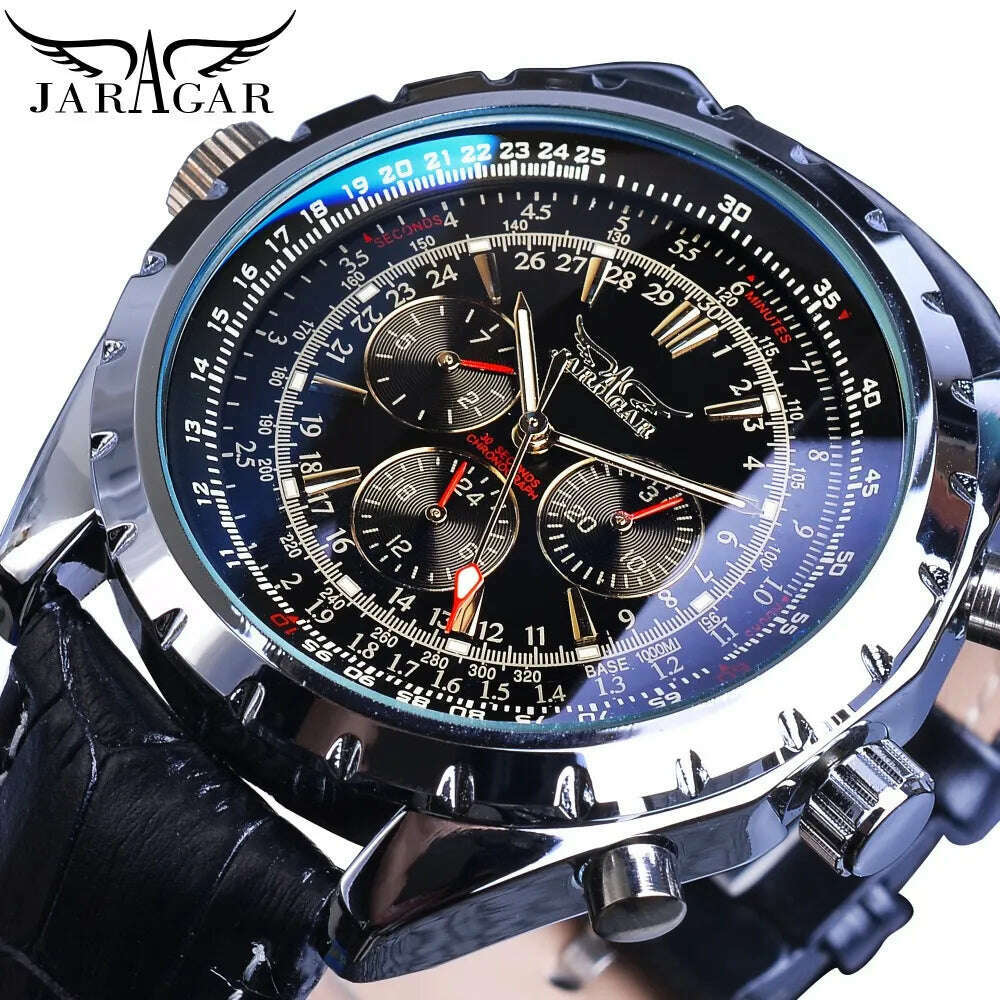 KIMLUD, Jaragar Blue Glass Design Black Silver Automatic Watch Stainless Steel Date Clock Luminous Men Business Mechanical Wristwatch, GMT1144-2Small, KIMLUD APPAREL - Womens Clothes