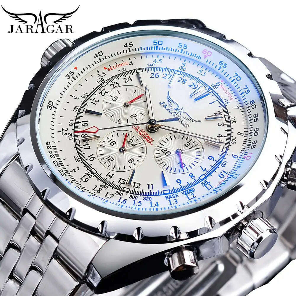 Jaragar Blue Glass Design Black Silver Automatic Watch Stainless Steel Date Clock Luminous Men Business Mechanical Wristwatch - KIMLUD