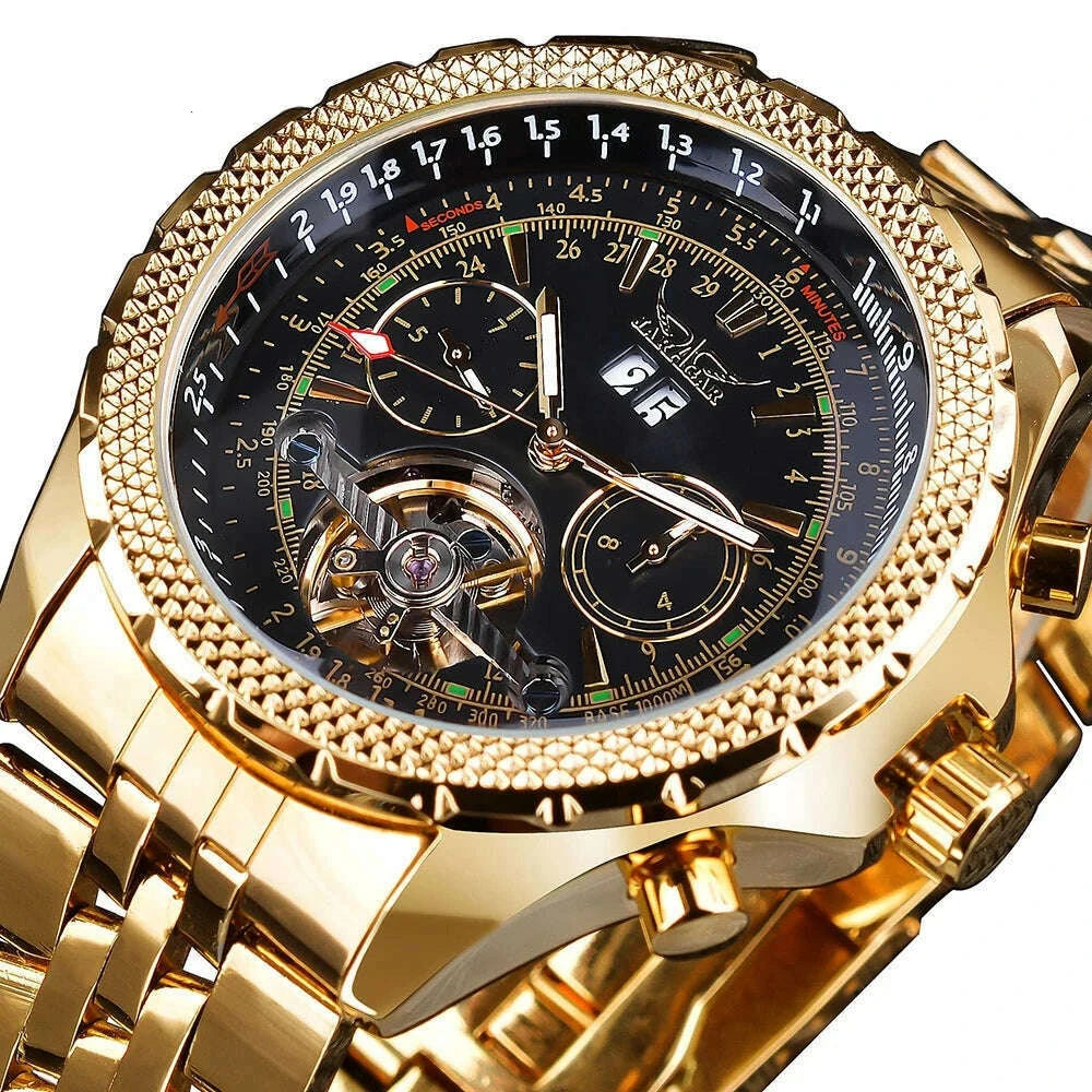 KIMLUD, Jaragar Men&#39;s Golden Automatic Self-Wind Watch Big Dial Calendar Function Relogio Masculino Mechanical Watches Steel Strap Clock, GMT1105-2, KIMLUD APPAREL - Womens Clothes