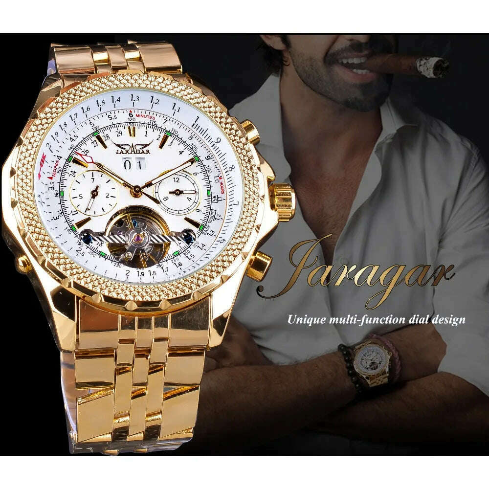 KIMLUD, Jaragar Men&#39;s Golden Automatic Self-Wind Watch Big Dial Calendar Function Relogio Masculino Mechanical Watches Steel Strap Clock, KIMLUD Womens Clothes