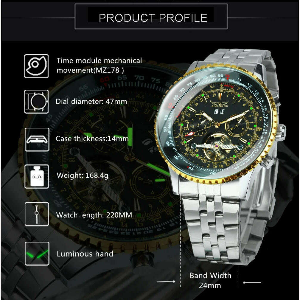 KIMLUD, Jaragar Military Tourbillon Skeleton Automatic Watch for Men Fashion Calendar Window Sports Mechanical Watches Steel Strap Glow, KIMLUD Womens Clothes