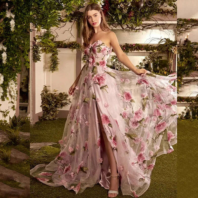 KIMLUD, JEHETH Prom Dresses For Women 2023 Pink Floral Print Split Party Elegant Strapless A Line Evening Gown Fairy فساتين مناسبة رسمية, Picture Color / CHINA / 2, KIMLUD APPAREL - Womens Clothes