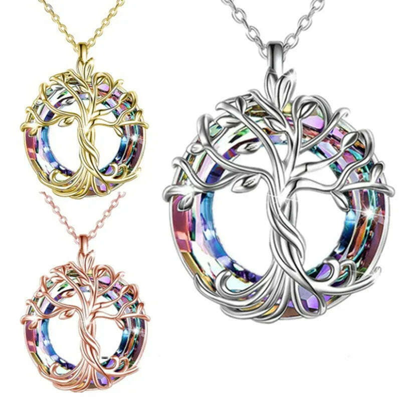 Jewelry for Women Celtic Family Tree of Life Necklace for Women Rainbow Crystal Pendant Birthday Valentines Day Gift Collares - KIMLUD