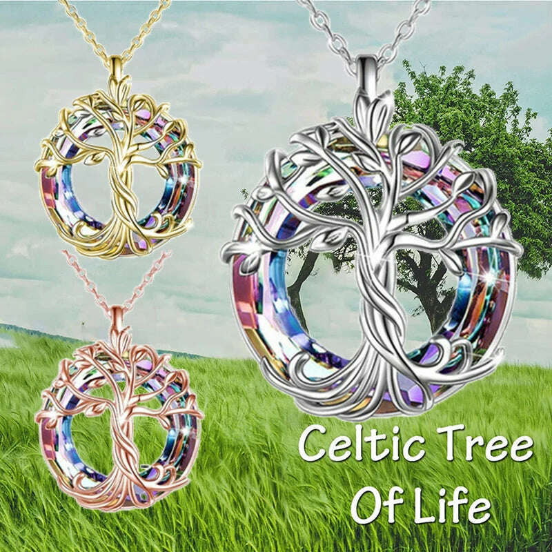 Jewelry for Women Celtic Family Tree of Life Necklace for Women Rainbow Crystal Pendant Birthday Valentines Day Gift Collares - KIMLUD