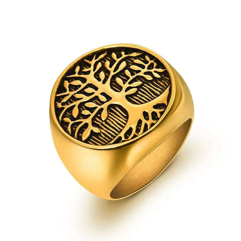 KIMLUD, Jiayiqi Fashion Ring For Men Stainless Steel Tree Of Life Rings Women Men Wedding Ring Punk Hip Hop Jewelry Gift Dropshipping, Gold / 8, KIMLUD APPAREL - Womens Clothes