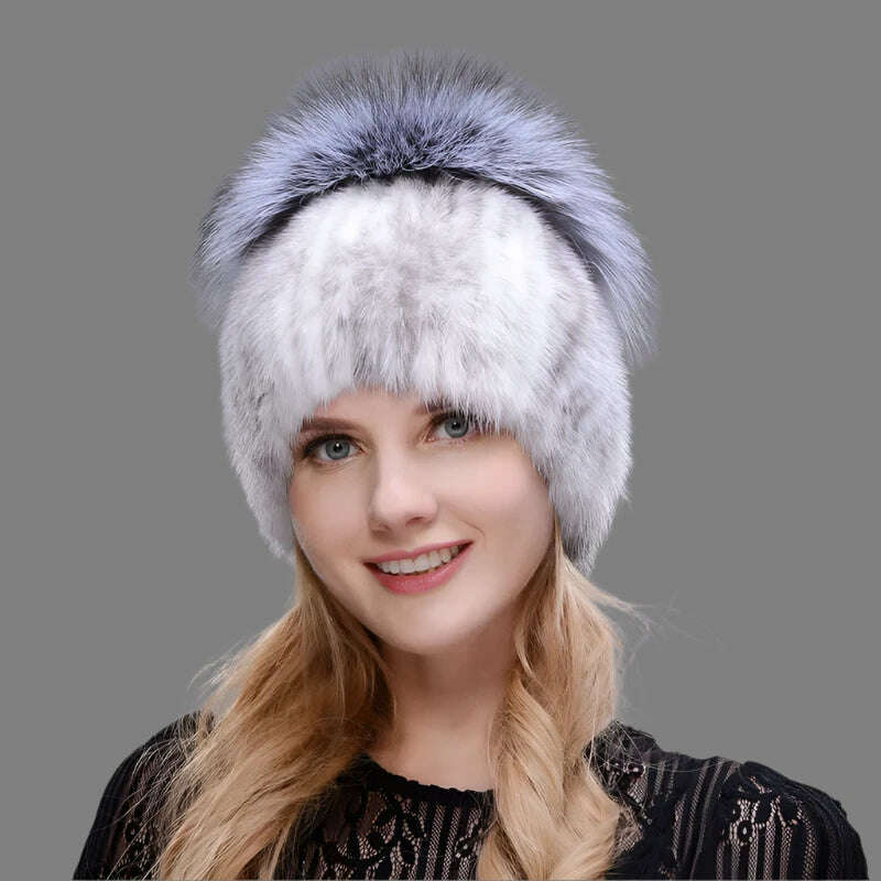 KIMLUD, JINBAOSEN Style Winter Female Fur Hat Mink Fur Plus Fox Fur Stitching Knit Liner Fur Ski Hat Free Shipping, KIMLUD Womens Clothes