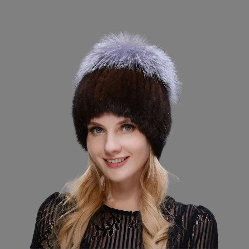 KIMLUD, JINBAOSEN Style Winter Female Fur Hat Mink Fur Plus Fox Fur Stitching Knit Liner Fur Ski Hat Free Shipping, KIMLUD Womens Clothes