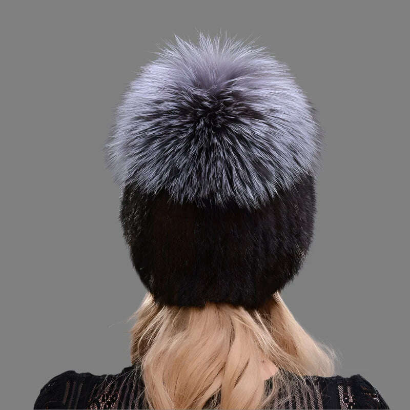 KIMLUD, JINBAOSEN Style Winter Female Fur Hat Mink Fur Plus Fox Fur Stitching Knit Liner Fur Ski Hat Free Shipping, KIMLUD Womens Clothes