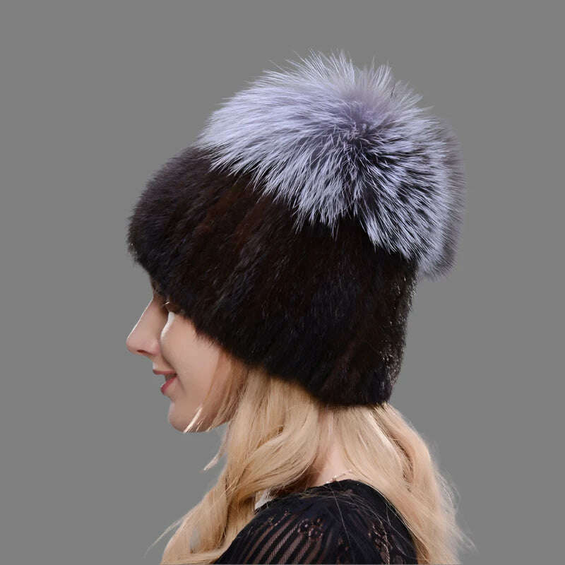 KIMLUD, JINBAOSEN Style Winter Female Fur Hat Mink Fur Plus Fox Fur Stitching Knit Liner Fur Ski Hat Free Shipping, KIMLUD Womens Clothes