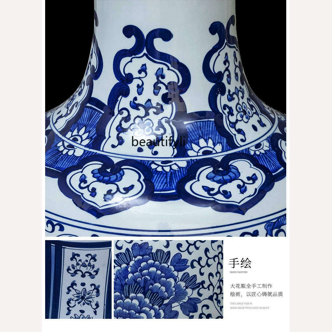 KIMLUD, Jingdezhen Ceramic Floor Vase Chinese Hand-Painted Blue and White Porcelain Decoration Company Opening Large Porcelain Bottle, KIMLUD Womens Clothes