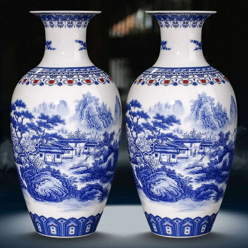 KIMLUD, Jingdezhen Ceramics Blue And White Landscape Pattern Vase Ornaments Chinese Living Room Wine Cabinet Antique Eggshell Vase, KIMLUD Womens Clothes