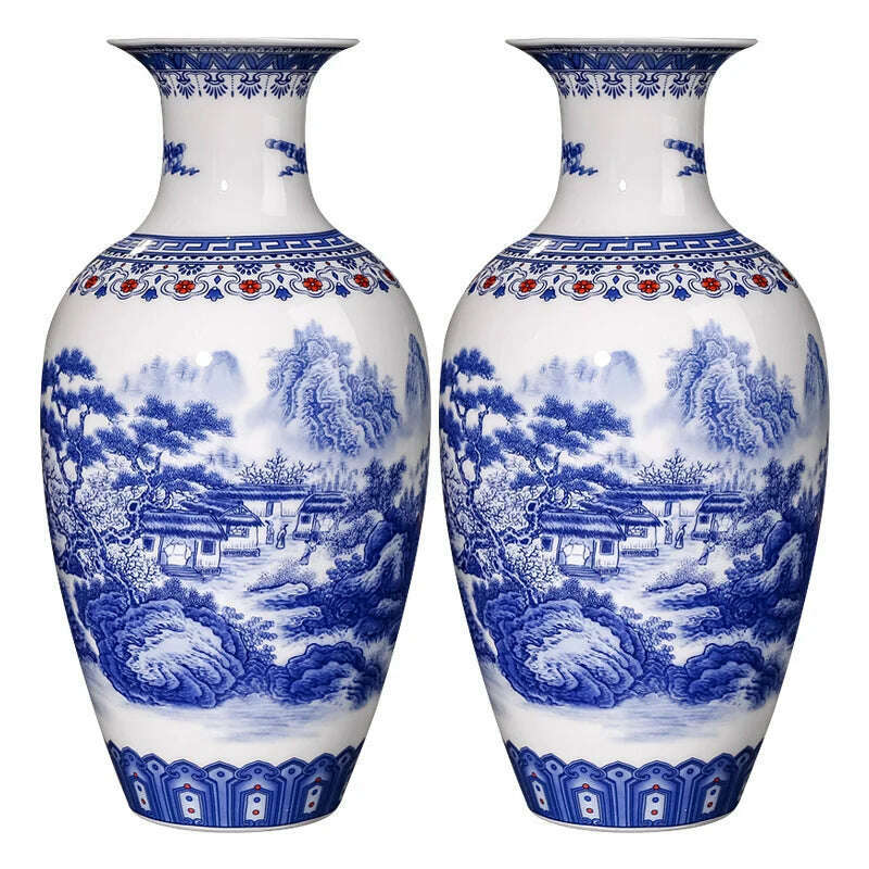 KIMLUD, Jingdezhen Ceramics Blue And White Landscape Pattern Vase Ornaments Chinese Living Room Wine Cabinet Antique Eggshell Vase, vase x2, KIMLUD APPAREL - Womens Clothes