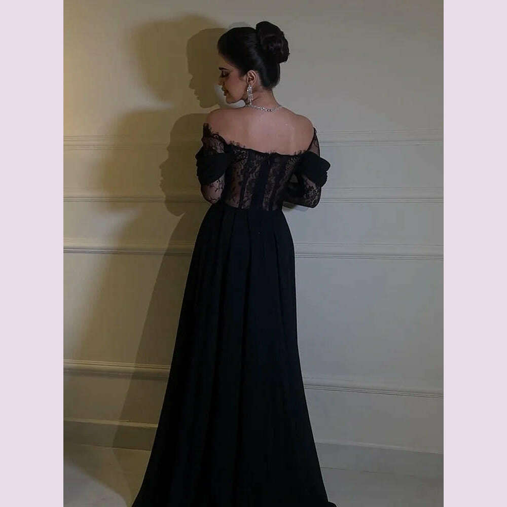 KIMLUD, Jirocum Elegant A-Line Prom Dress Women's Off Shoulder Sexy Lace Party Evening Gown Black Floor Length Special Occasion Gowns, KIMLUD Womens Clothes