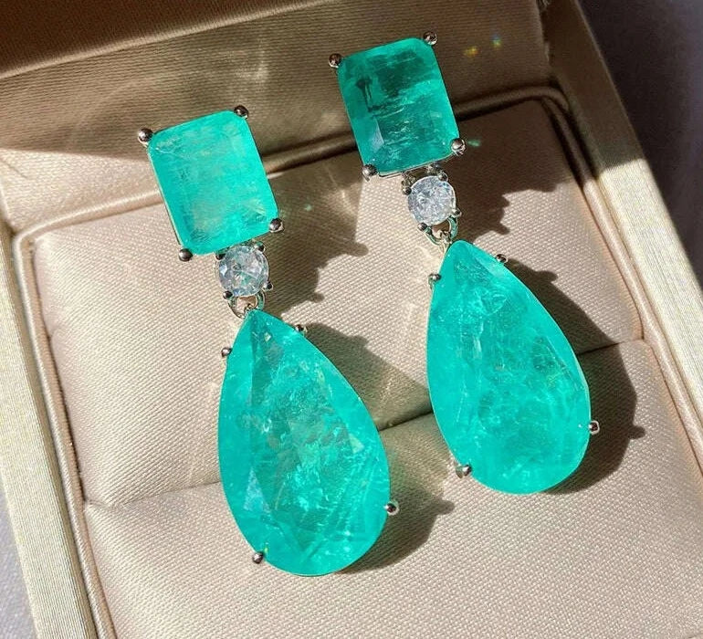 JitDoo Trend Earrings for Women Paraiba Tourmaline Emerald Gemstone Big Drop Earrings Cocktail Party Fine Jewelry Female Gift - KIMLUD