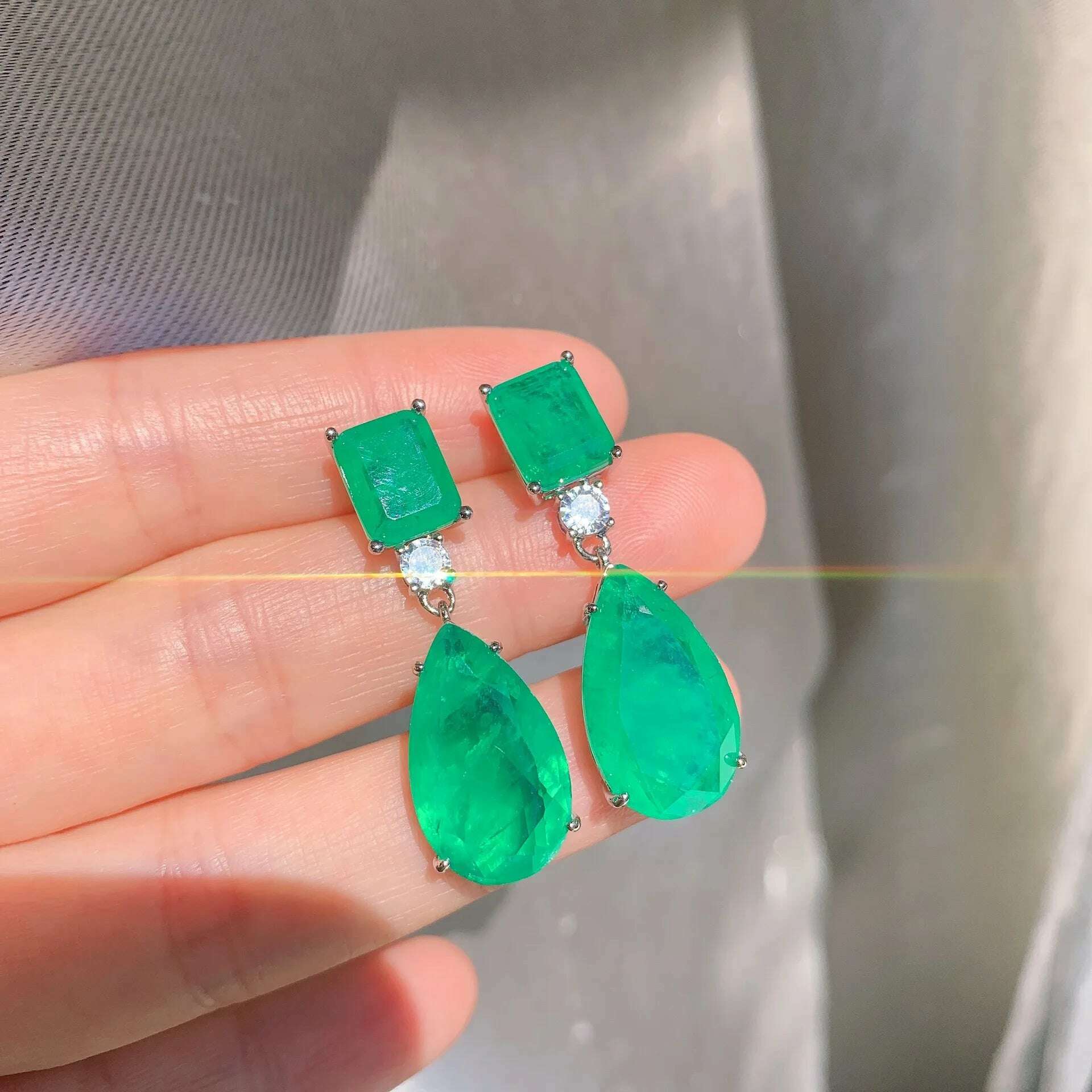 KIMLUD, JitDoo Trend Earrings for Women Paraiba Tourmaline Emerald Gemstone Big Drop Earrings Cocktail Party Fine Jewelry Female Gift, KIMLUD Womens Clothes