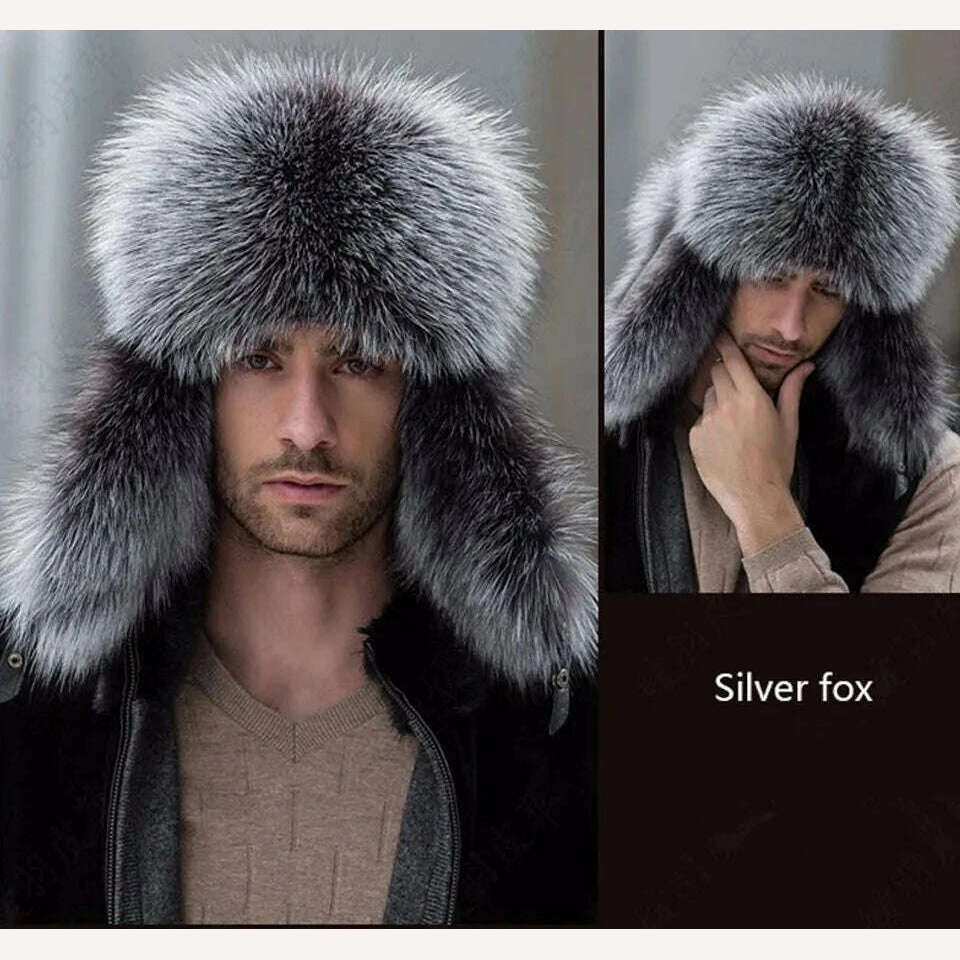 KIMLUD, JKP 2022 Genuine Silver Fox Fur Winter Hats Men Real Raccoon Fur Lei Feng Cap for Russian Keep Warm Bomber Leather Hat 1002, silver fox / CHINA, KIMLUD APPAREL - Womens Clothes