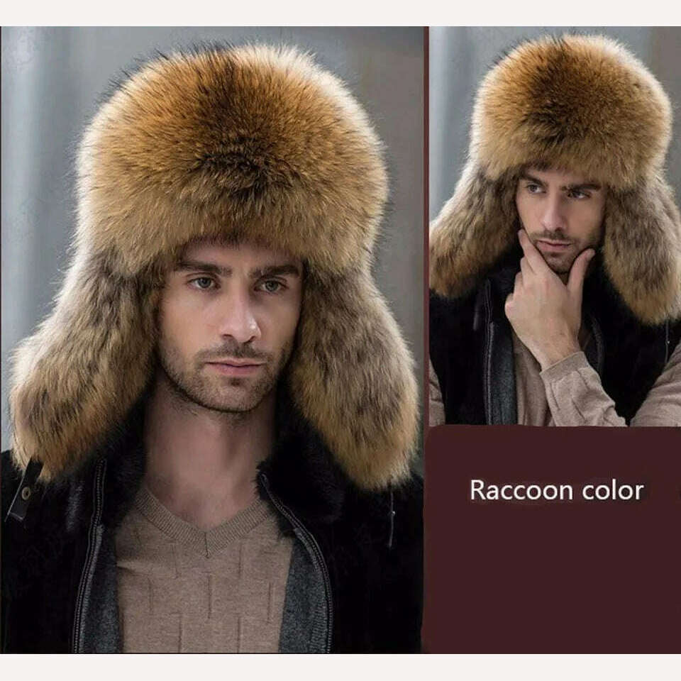 KIMLUD, JKP 2022 Genuine Silver Fox Fur Winter Hats Men Real Raccoon Fur Lei Feng Cap for Russian Keep Warm Bomber Leather Hat 1002, Raccoon / CHINA, KIMLUD APPAREL - Womens Clothes