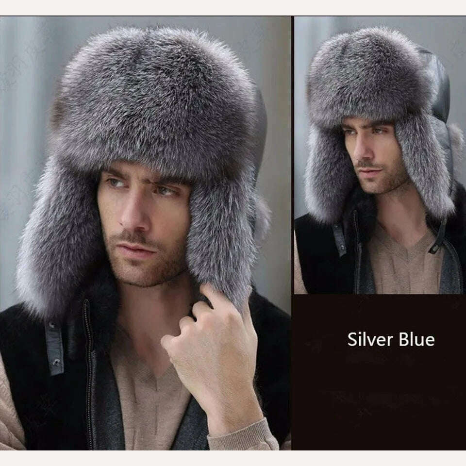 KIMLUD, JKP 2022 Genuine Silver Fox Fur Winter Hats Men Real Raccoon Fur Lei Feng Cap for Russian Keep Warm Bomber Leather Hat 1002, Silver blue / CHINA, KIMLUD APPAREL - Womens Clothes