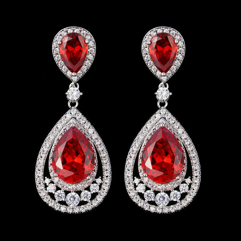 JMK Fashion Red Stone Cubic Zircon Dangle Earrings For Women Bridal Wedding Ruby Gemstone Jewelry Crystal Party Accessories Gift - KIMLUD