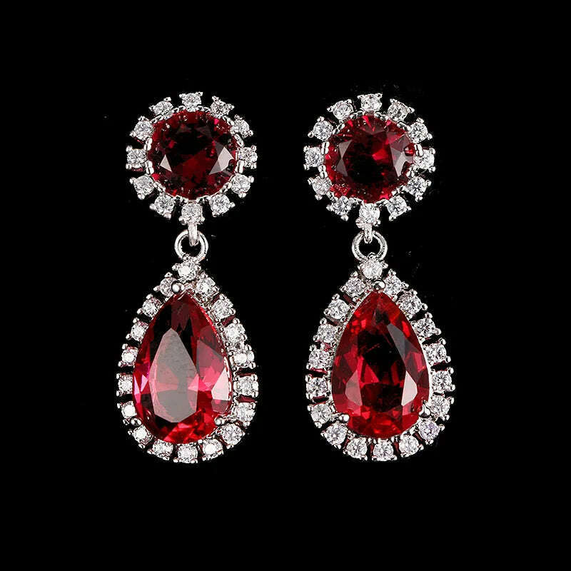 JMK Fashion Red Stone Cubic Zircon Dangle Earrings For Women Bridal Wedding Ruby Gemstone Jewelry Crystal Party Accessories Gift - KIMLUD