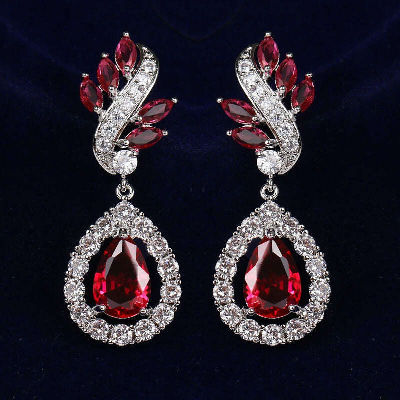 KIMLUD, JMK Fashion Red Stone Cubic Zircon Dangle Earrings For Women Bridal Wedding Ruby Gemstone Jewelry Crystal Party Accessories Gift, 767 Red silver / Red, KIMLUD APPAREL - Womens Clothes