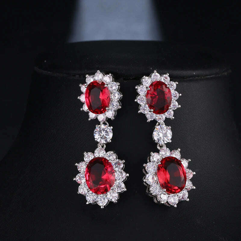 KIMLUD, JMK Fashion Red Stone Cubic Zircon Dangle Earrings For Women Bridal Wedding Ruby Gemstone Jewelry Crystal Party Accessories Gift, 437 Red silver / Red, KIMLUD APPAREL - Womens Clothes