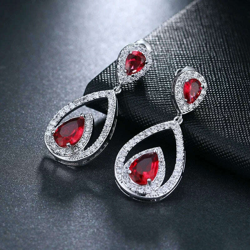 KIMLUD, JMK Fashion Red Stone Cubic Zircon Dangle Earrings For Women Bridal Wedding Ruby Gemstone Jewelry Crystal Party Accessories Gift, 317 Red silver / Red, KIMLUD APPAREL - Womens Clothes