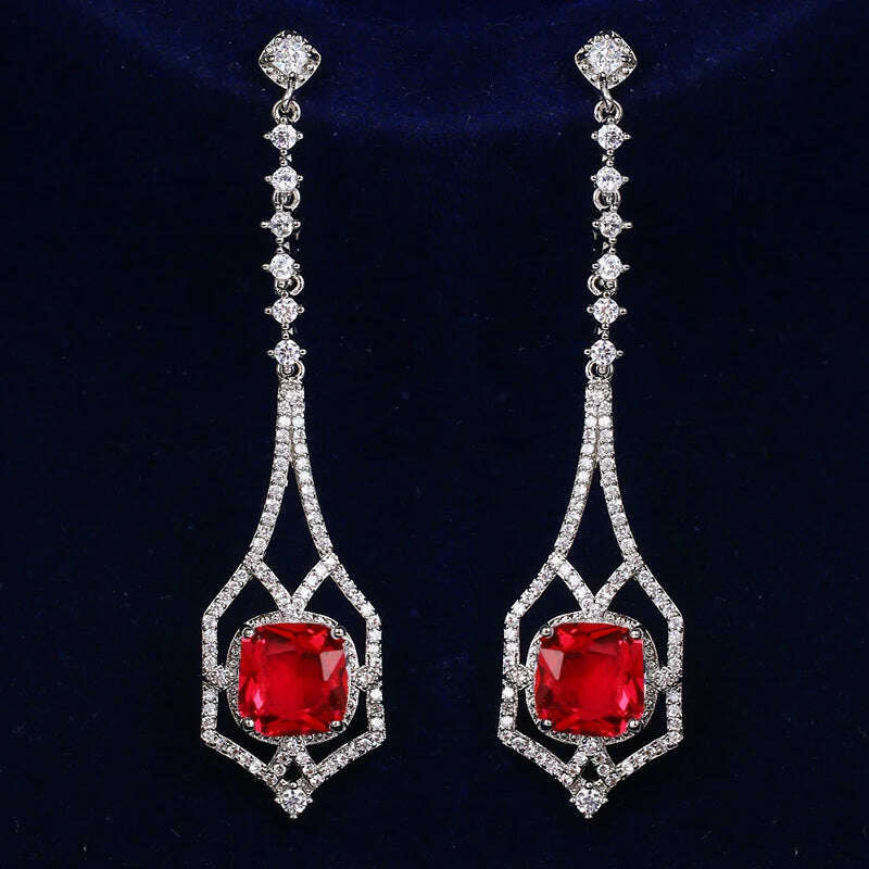 KIMLUD, JMK Fashion Red Stone Cubic Zircon Dangle Earrings For Women Bridal Wedding Ruby Gemstone Jewelry Crystal Party Accessories Gift, 731 Red silver / Red, KIMLUD APPAREL - Womens Clothes