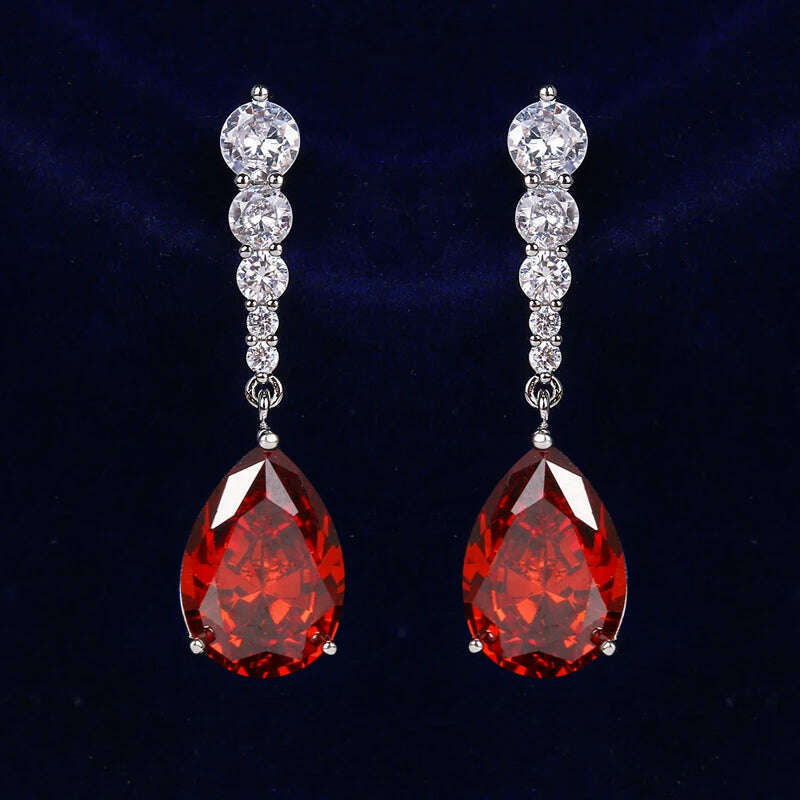 JMK Fashion Red Stone Cubic Zircon Dangle Earrings For Women Bridal Wedding Ruby Gemstone Jewelry Crystal Party Accessories Gift - KIMLUD