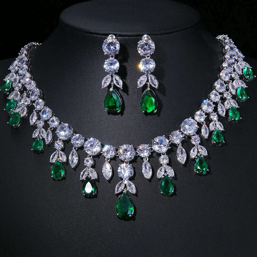 KIMLUD, JMK Luxury Emerald Bridal Wedding Jewelry Sets Green Stone AAA Cubic Zirconia Pendant Necklace Earrings Sets Party Dinner Wear, 14 green, KIMLUD APPAREL - Womens Clothes