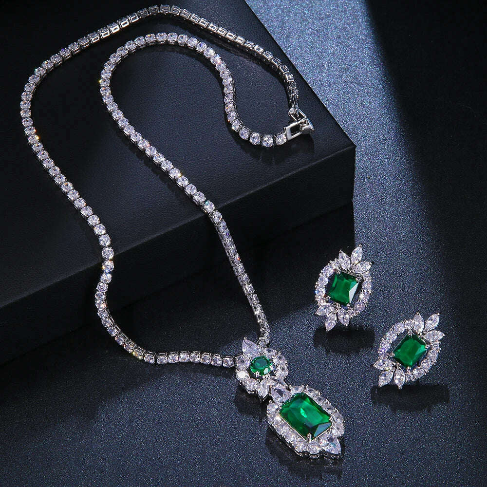 JMK Luxury Emerald Bridal Wedding Jewelry Sets Green Stone AAA Cubic Zirconia Pendant Necklace Earrings Sets Party Dinner Wear - KIMLUD