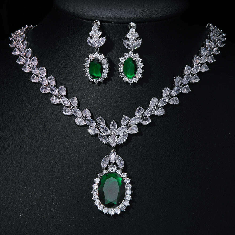 JMK Luxury Emerald Bridal Wedding Jewelry Sets Green Stone AAA Cubic Zirconia Pendant Necklace Earrings Sets Party Dinner Wear - KIMLUD