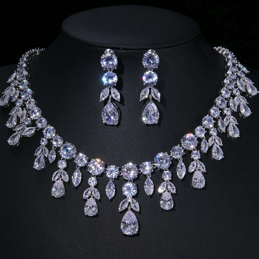 JMK Luxury Emerald Bridal Wedding Jewelry Sets Green Stone AAA Cubic Zirconia Pendant Necklace Earrings Sets Party Dinner Wear - KIMLUD