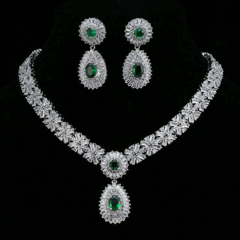 KIMLUD, JMK Luxury Emerald Bridal Wedding Jewelry Sets Green Stone AAA Cubic Zirconia Pendant Necklace Earrings Sets Party Dinner Wear, 53 green, KIMLUD APPAREL - Womens Clothes