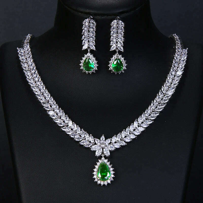 JMK Luxury Emerald Bridal Wedding Jewelry Sets Green Stone AAA Cubic Zirconia Pendant Necklace Earrings Sets Party Dinner Wear - KIMLUD