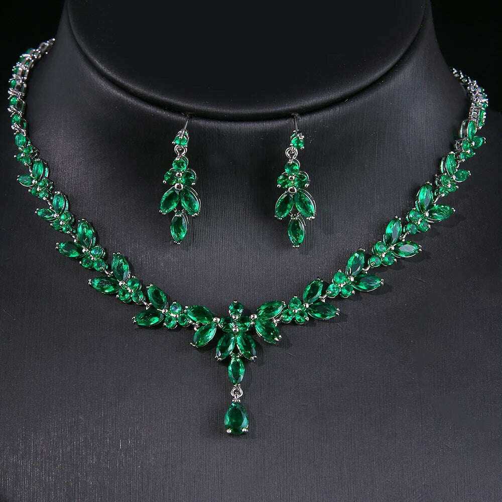 KIMLUD, JMK Luxury Emerald Bridal Wedding Jewelry Sets Green Stone AAA Cubic Zirconia Pendant Necklace Earrings Sets Party Dinner Wear, 34 green, KIMLUD APPAREL - Womens Clothes