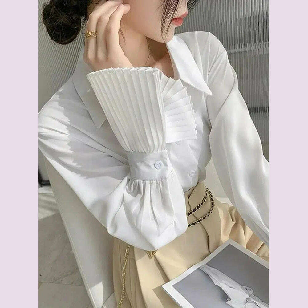 KIMLUD, Jmprs Designed Women Flare Sleeve Women Shirts Office Ladies White Korean Fashion Fall Tops Elegant Button Up Female Shirt, KIMLUD Womens Clothes
