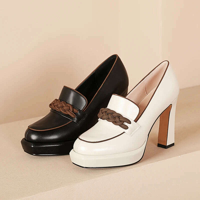 【JOCHEBED HU】Genuine Leather Platform Thick High Heels Pumps For Women Spring Summer Luxury Chunky Loafers Party Shoes Casual - KIMLUD