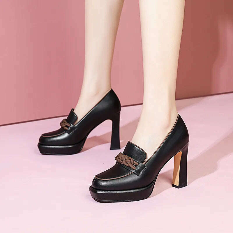 【JOCHEBED HU】Genuine Leather Platform Thick High Heels Pumps For Women Spring Summer Luxury Chunky Loafers Party Shoes Casual - KIMLUD