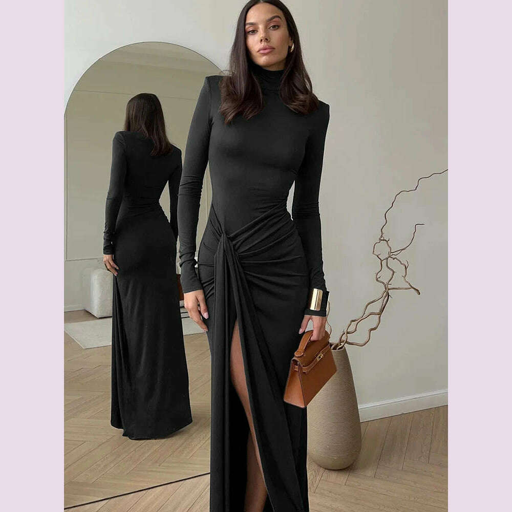 KIMLUD, JULISSA MO Sexy High Slit Bandage Women Long Dress Black Turtleneck Long Sleeve Dress Female Winter Slim Elegant Women Clothing, Black / S, KIMLUD APPAREL - Womens Clothes