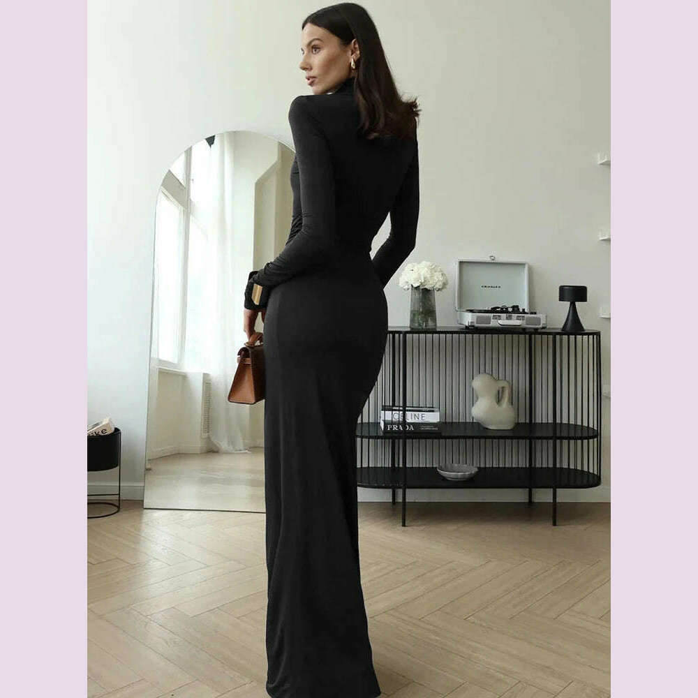 KIMLUD, JULISSA MO Sexy High Slit Bandage Women Long Dress Black Turtleneck Long Sleeve Dress Female Winter Slim Elegant Women Clothing, KIMLUD Womens Clothes